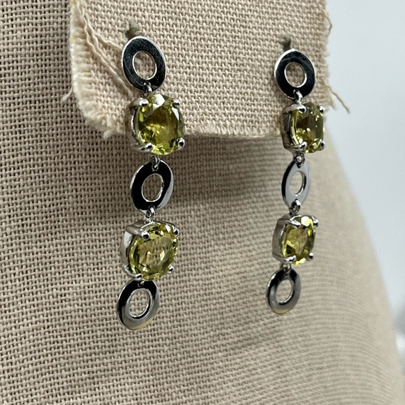 Vintage KN 925 Sterling Silver Yellow-Green Gemstone Dangle Earrings - Picture 14 of 17